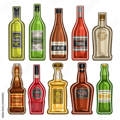 Vector set of different Bottles, 10 full glass containers with colorful