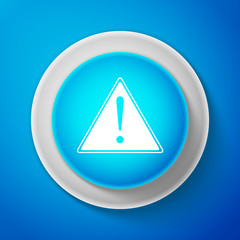 Poster - White Exclamation mark in triangle icon isolated on blue background. Hazard warning sign, careful, attention, danger warning important sign. Circle blue button with white line. Vector Illustration