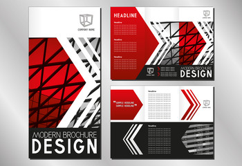 Business trifold brochure/ flyer template (A4 to DL format - 3 x 99x210 mm) - modern architecture/ financial data - red graphics with arrow shapes.