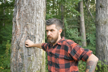 Wall Mural - Handsome guy hiking in forest. Brutal lumberjack leaning on tree. Surviving in wilderness