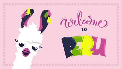 Welcome to Peru poster with cute cartoon lama close up and text 