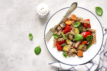 Wall Mural - Whole grain pasta with mushrooms and vegetables.Top view.