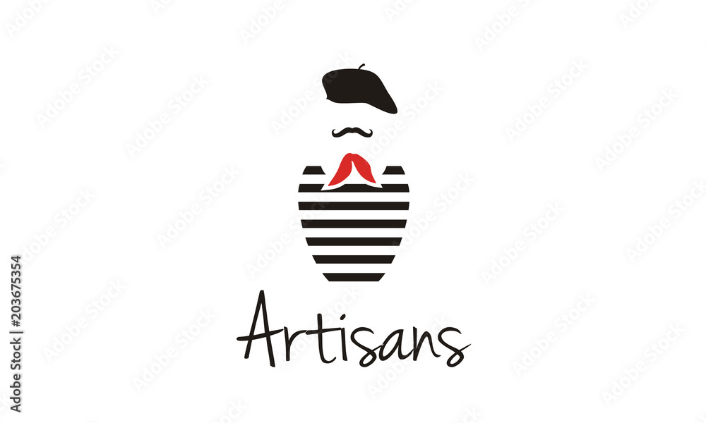 Artisans France, French Mustache Painter Artist Costume with Beret, Red Scarf Tie, and Black White Striped T-Shirt logo design inspiration - obrazy, fototapety, plakaty 