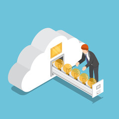 Poster - Isometric businessman collect idea light bulb in cloud shape room