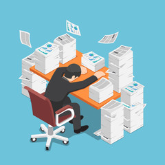 Aufkleber - isometric tired businessman asleep at office desk with the pile of paper document