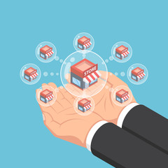 Poster - Isometric businessman hands holding store network bubbles