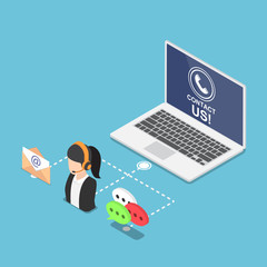 Poster - Isometric laptop with contact us symbol and icon
