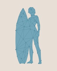 Wall Mural - woman posing with surfboard. surfing emblem for web design or print. silhouette textured by lines an