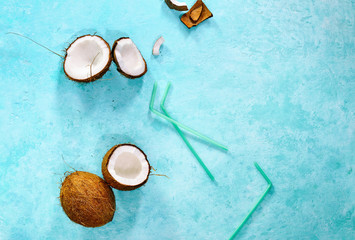 Wall Mural - Coconut drink summer concept, from above view, space for a text