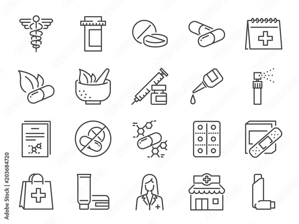 Pharmacy icon set. Included the icons as medical staff, drug, pills ...