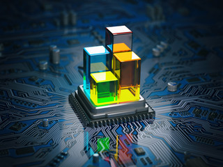 Poster - CPU processor with graph and diagram on the circuit board motherboard. Compare of speed level and cooling of CPU information technology  concept.