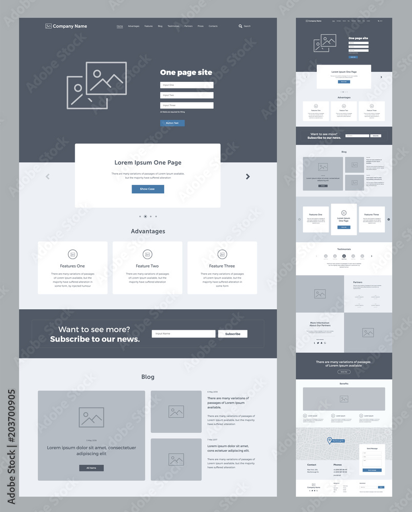 One page website design template for business. Landing page wireframe. Flat modern responsive design. Ux ui website: home, advantages, features, blog, testimonials, partners, benefits, contacts, form. - obrazy, fototapety, plakaty 