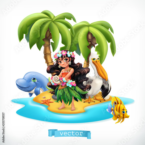 Little girl and funny animals. Tropical island 3d vector icon