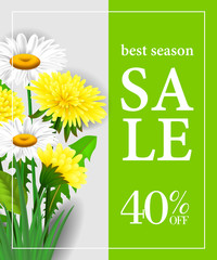 Wall Mural - Best season sale forty percent off poster template with white and yellow flowers on green background. Typed text in frame can be used for flyers, signs, banner.