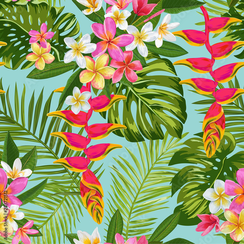 Watercolor Tropical Flowers and Palm Leaves Seamless ...