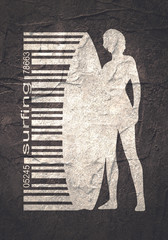 Wall Mural - woman posing with surfboard. surfing emblem for web design or print. bar code connected with silhoue