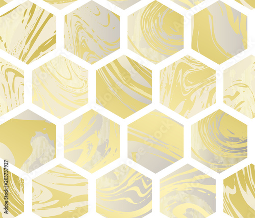 Naklejka nad blat kuchenny Seamless pattern, ink marbling in hexagon shape with white space, luxury golden theme