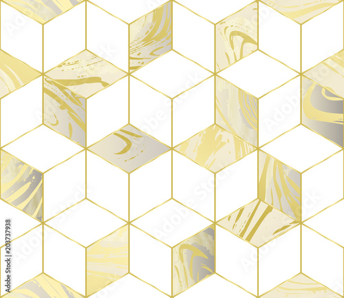 Fototapeta na wymiar Seamless pattern, ink marbling in hexagon shape with connected line and white blank space, luxury golden theme