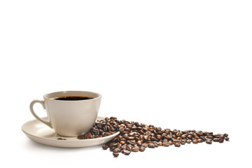  Cup of coffee and coffee beans isolated on white background