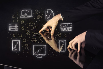 Poster - Man pressing table tablet hand touch interface with media icons and symbols