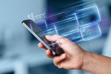Poster - Hand using  phone with database reports and online work concept
