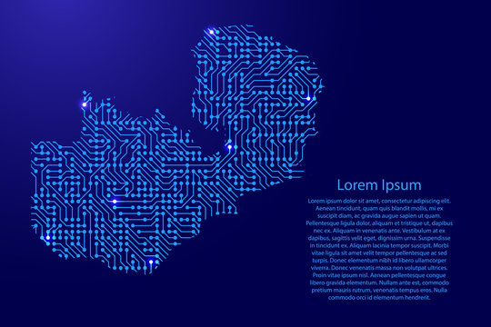 Map Zambia from printed board, chip and radio component with blue star space on the contour for banner, poster, greeting card. Computer electronics processor motherboard. Vector illustration.