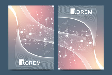 Aufkleber - Modern vector template for brochure, Leaflet, flyer, advert, cover, catalog, magazine or annual report. Business, science, medical design. Scientific cybernetic dots. Lines plexus. Card surface