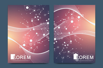 Aufkleber - Modern vector template for brochure, Leaflet, flyer, advert, cover, catalog, magazine or annual report. Business, science, medical design. Scientific cybernetic dots. Lines plexus. Card surface