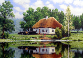 The art. Oil paintings landscape, rural, house. Fine art.