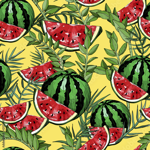 Stoffe zum Nähen Nahtloses Muster mit Wassermelonen und grüne tropische Blätter und Pflanzen