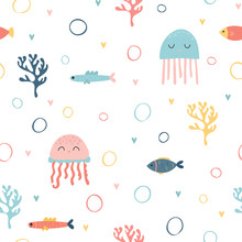 Childish Seamless Pattern With Cute Hand Drawn Fishes And Jellyfishes In Doodle Style. Trendy Nursery Background. Kids Texture For Fabric