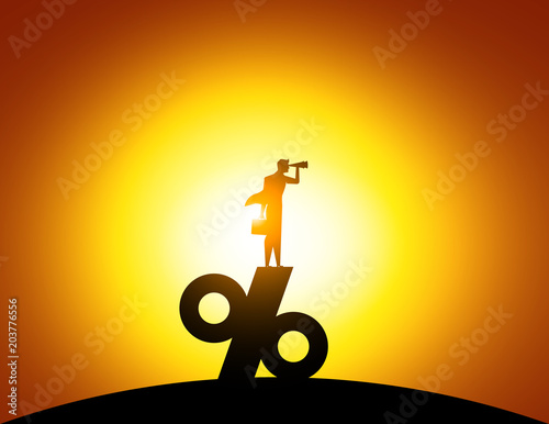 Fotomural Silhouette Man looking through telescope standing on top of percentage sign