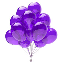 Purple Balloon Bunch, Birthday Party Decoration Blue, Glossy Helium Balloons Violet Translucent. Holiday Anniversary Celebrate Invitation Greeting Card Design Element. 3d Illustration