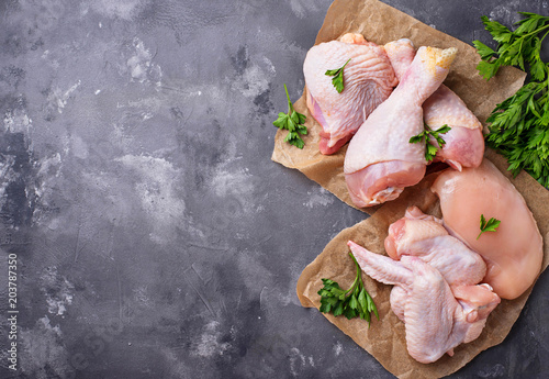 Fotomural Raw chicken meat fillet, thigh, wings and legs