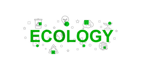 Sticker - Ecology vector banner. Word with line icon. Vector background