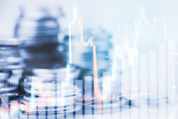 Rows of coin and graph of stock market trade indicator financial for investment strategy.