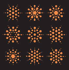 Logo sun template. Smart virus signs. Unusual isolated sunny circles icons set. Network community logotype collection. Orange vector illustration, abstract digital art pattern. Black background.