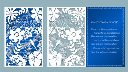 Wall Mural - Vector illustration Postcard. Invitation and greeting card. Pattern for the laser cut. flower white. flower, leaf, dragonfly, berry