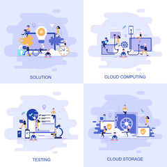 Poster - Modern flat concept web banner of Testing, Solution, Cloud Computing and Cloud Storage with decorated small people character.