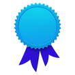 Blue award ribbon rosette blank reward medal. Achievement badge winner best template design element empty. 3d illustration