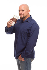 Wall Mural - Man drinking coffee on white background.