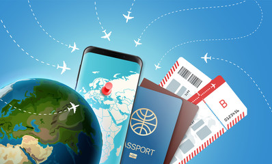 Aufkleber - Travel time vector illustration with the Earth. Vacation concept with accessories