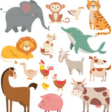 Fototapeta Pokój dzieciecy - Child cartoons elephant, gull, dolphin, wild animal. Pet, farm and jungle animals vector cartoon illustration collection