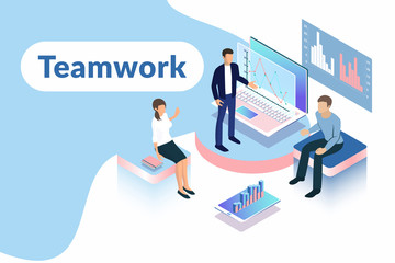 Isometric people working together on business strategy, making data analysis and financial planning. Teamwork concept. Vector illustration with man, woman characters, laptop, tablet, graphs and charts