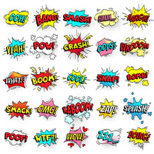 Exclamation Texting Comic Signs On Speech Bubbles. Cartoon Crash, Pow, Bomb, Wham, Oops And Cool Comic Sign Vector Set