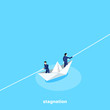 men in business suits on a paper boat pull ropes in different directions, an isometric image