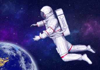 astronaut floating and exploring in deep space above planet earth. elements of this image furnished 