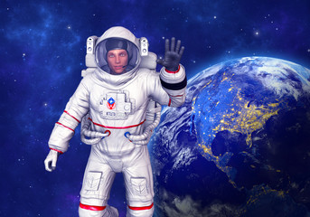 Wall Mural - astronaut waving, planet earth in background. elements of this image furnished by nasa. 3d rendering