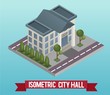 Vector low poly isometric 3d city hall. Vector isometric icon or infographic element representing a public government building. Detailed street with mayor municipal office. Vector illustration