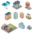 Vector isometric big 3d set of different infrastructure buildings. Commercial public and private estate. Houses and offices. Market, school,hospital, gas station,police department, cafe and city hall